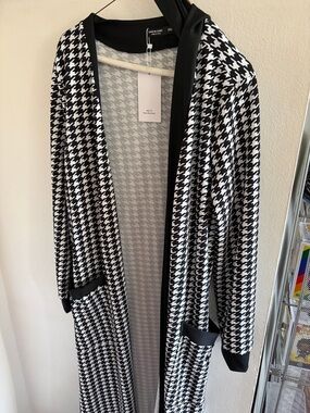 Houndstooth Open Front Long Cardigan Coat - Black & White with matching pants